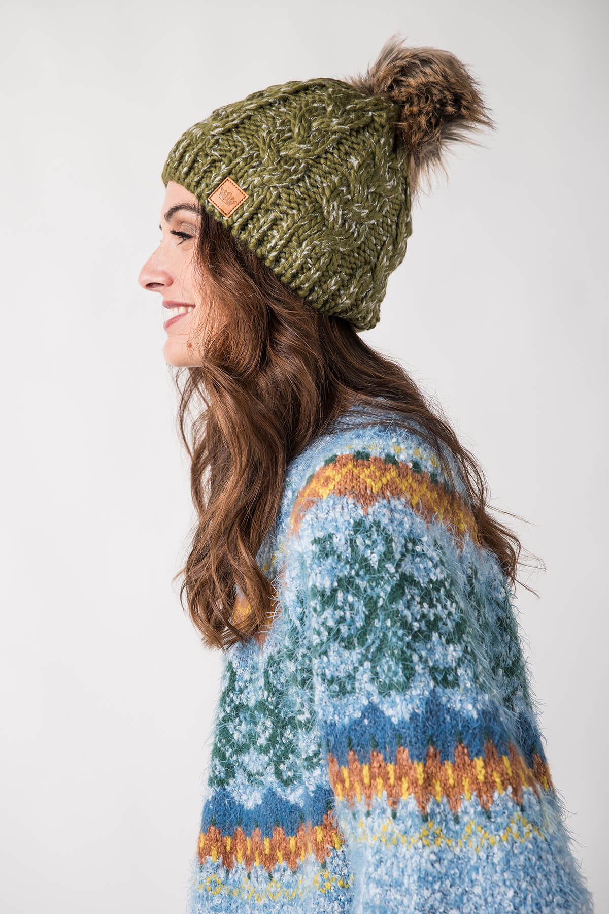 Panache Olive Cable Knit Pom Hat