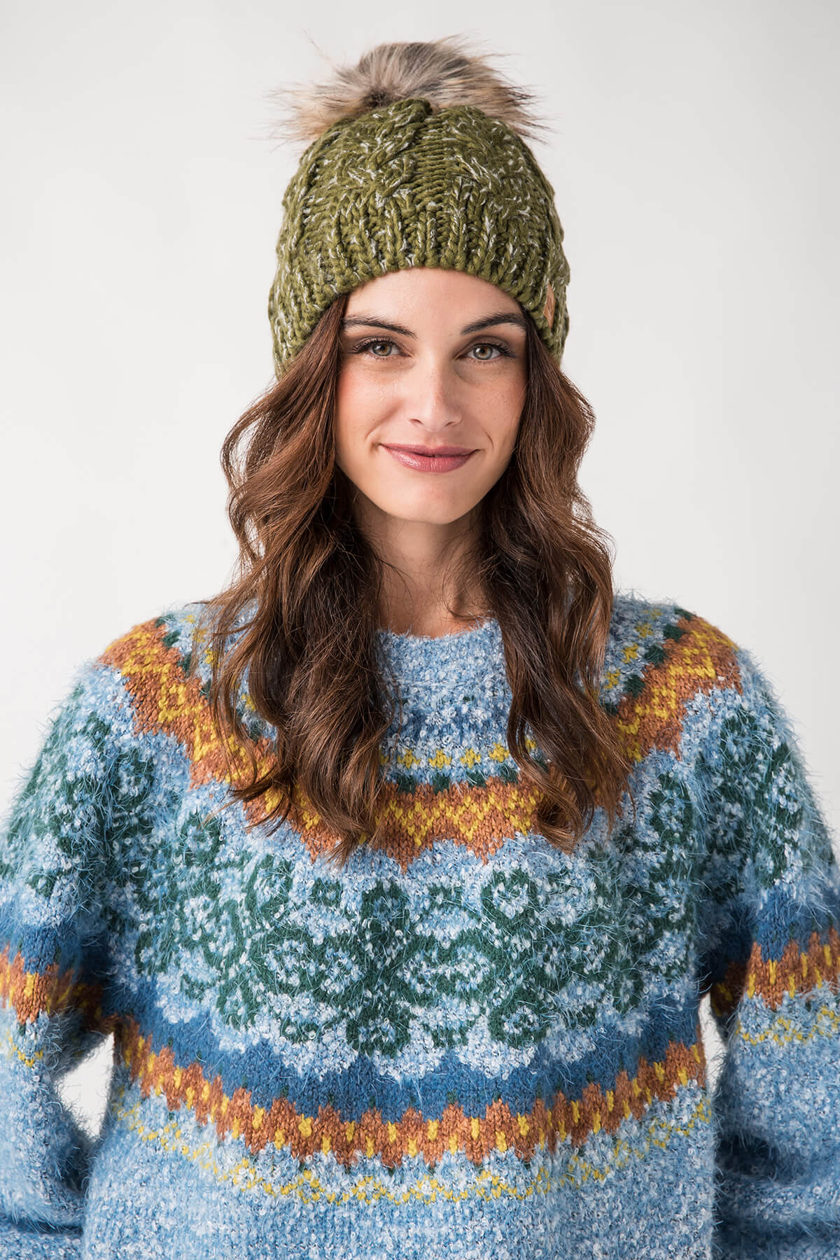 Panache Olive Cable Knit Pom Hat