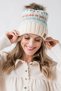 Panache Ivory, Lt. Blue, Mint & Orange Patterned Pom Hat