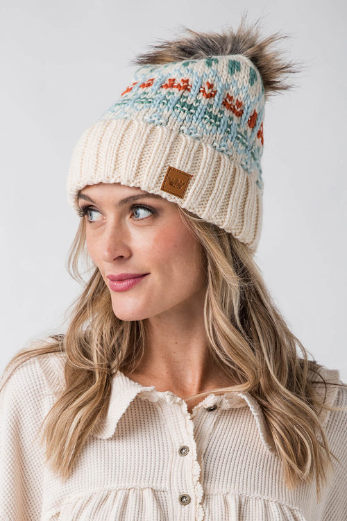 Panache Ivory, Lt. Blue, Mint & Orange Patterned Pom Hat