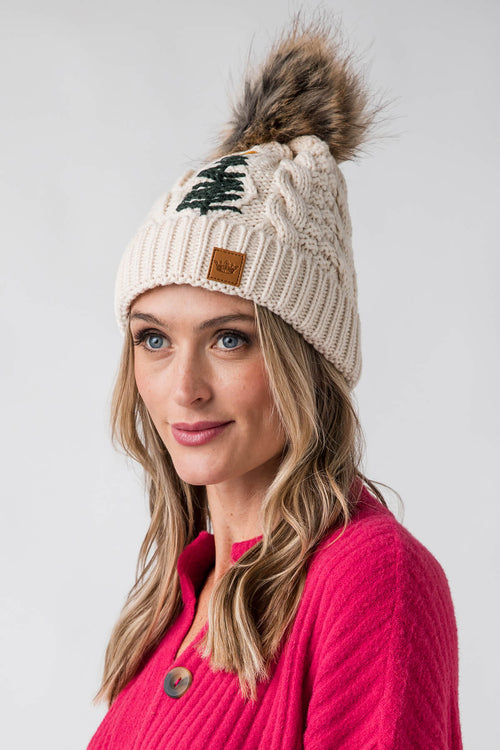 Panache Beige Cable Knit Pom Hat w/ Embroidered Tree