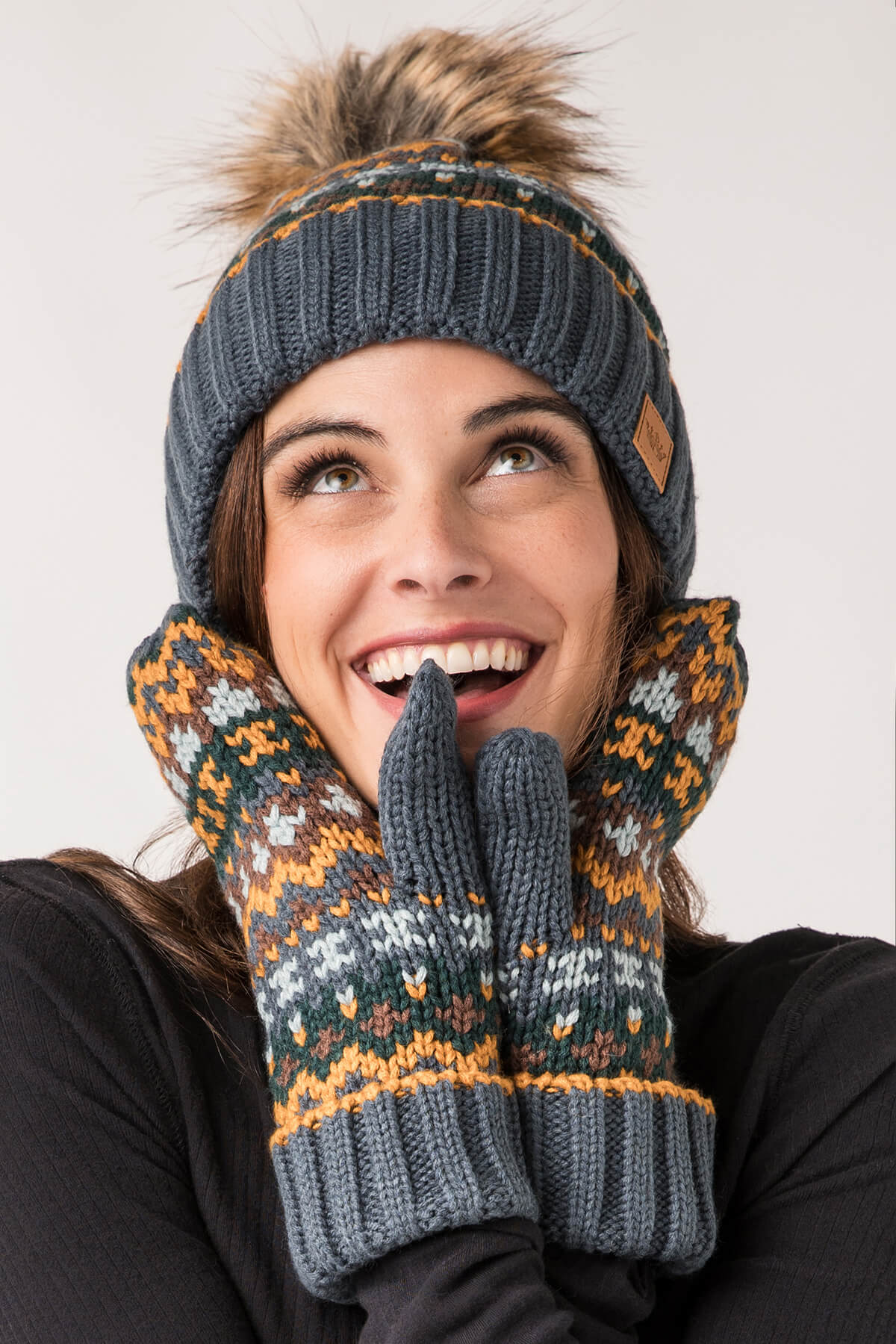 Panache Dusty Blue & Multicolored Pattern Mittens