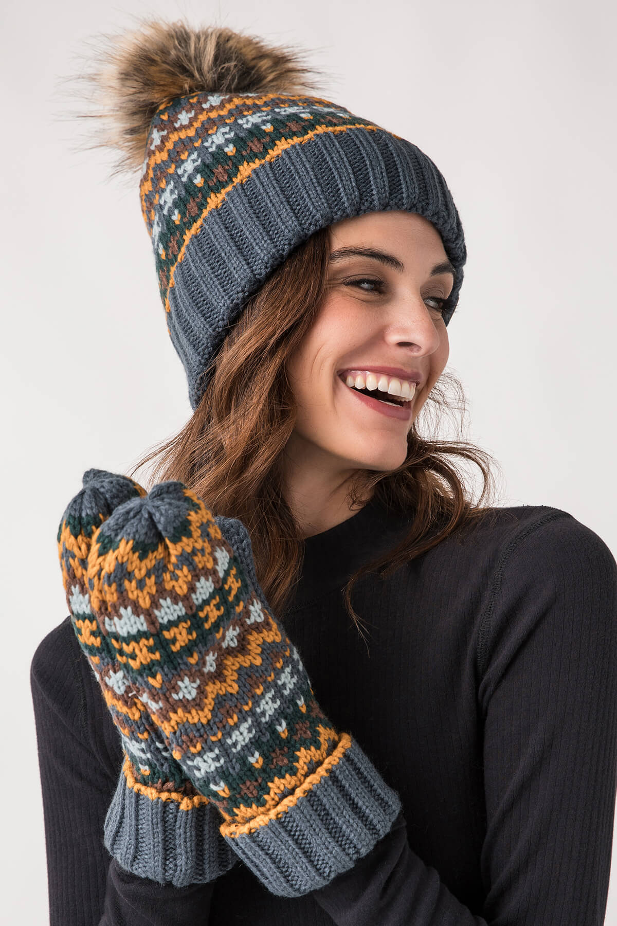 Panache Dusty Blue & Multicolored Pattern Mittens