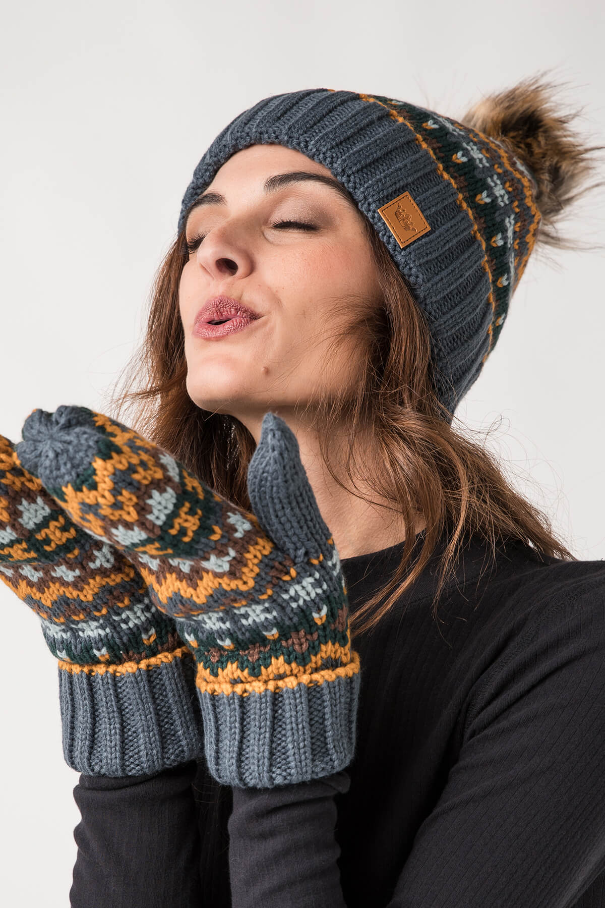 Panache Dusty Blue & Multicolored Pattern Mittens