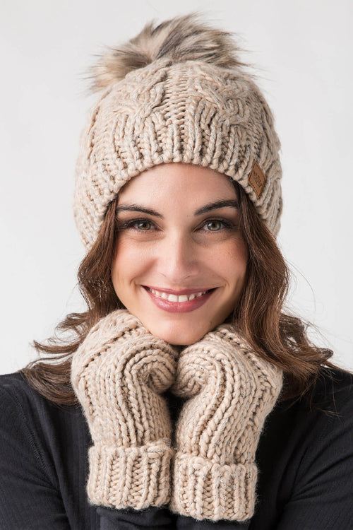 Panache Taupe Cable Knit Pom Hat