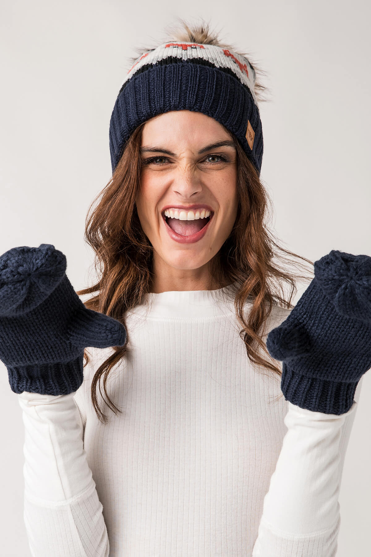 Panache Navy Fox Patterned Pom Hat