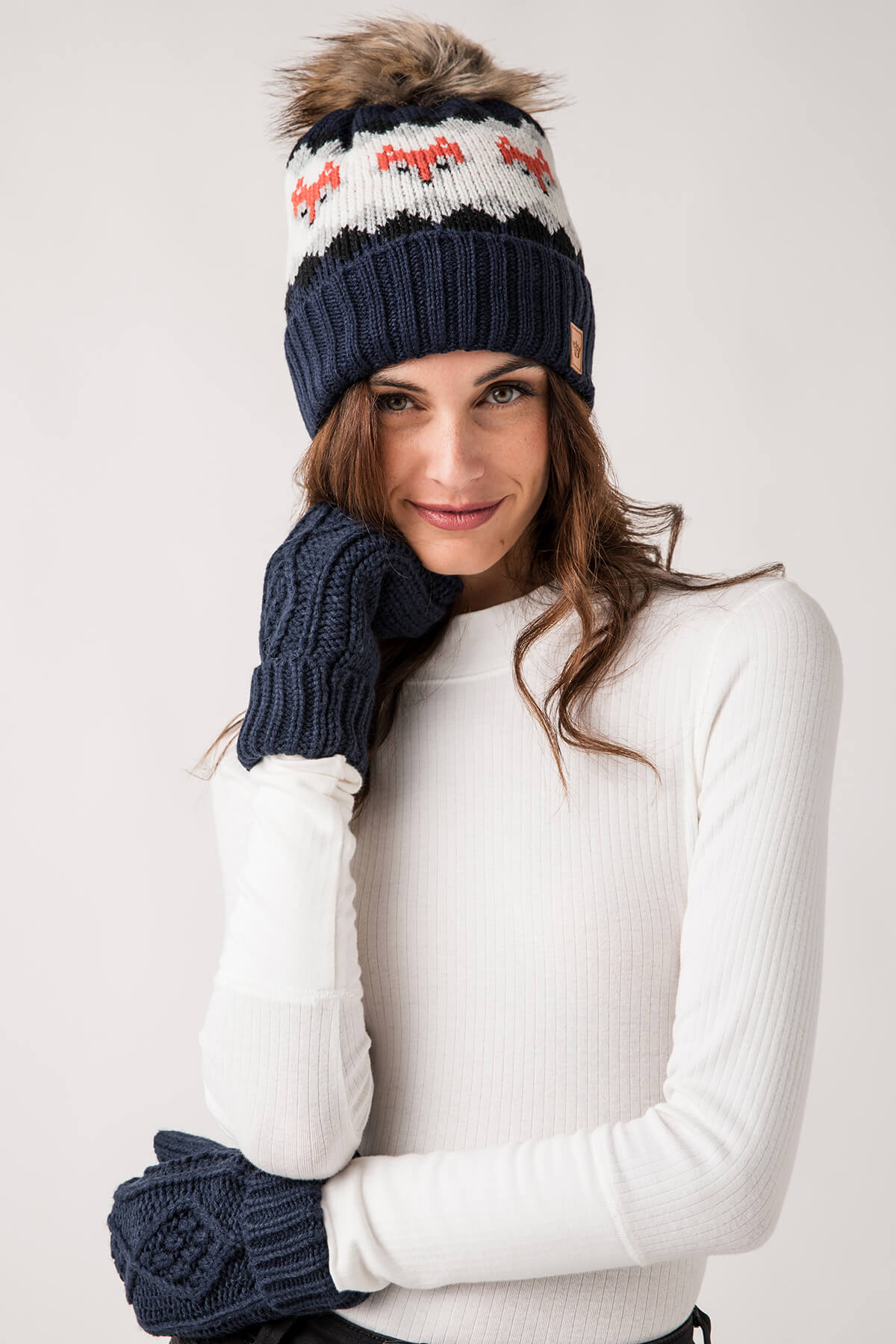 Panache Navy Fox Patterned Pom Hat