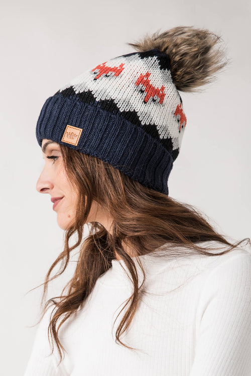 Panache Navy Fox Patterned Pom Hat