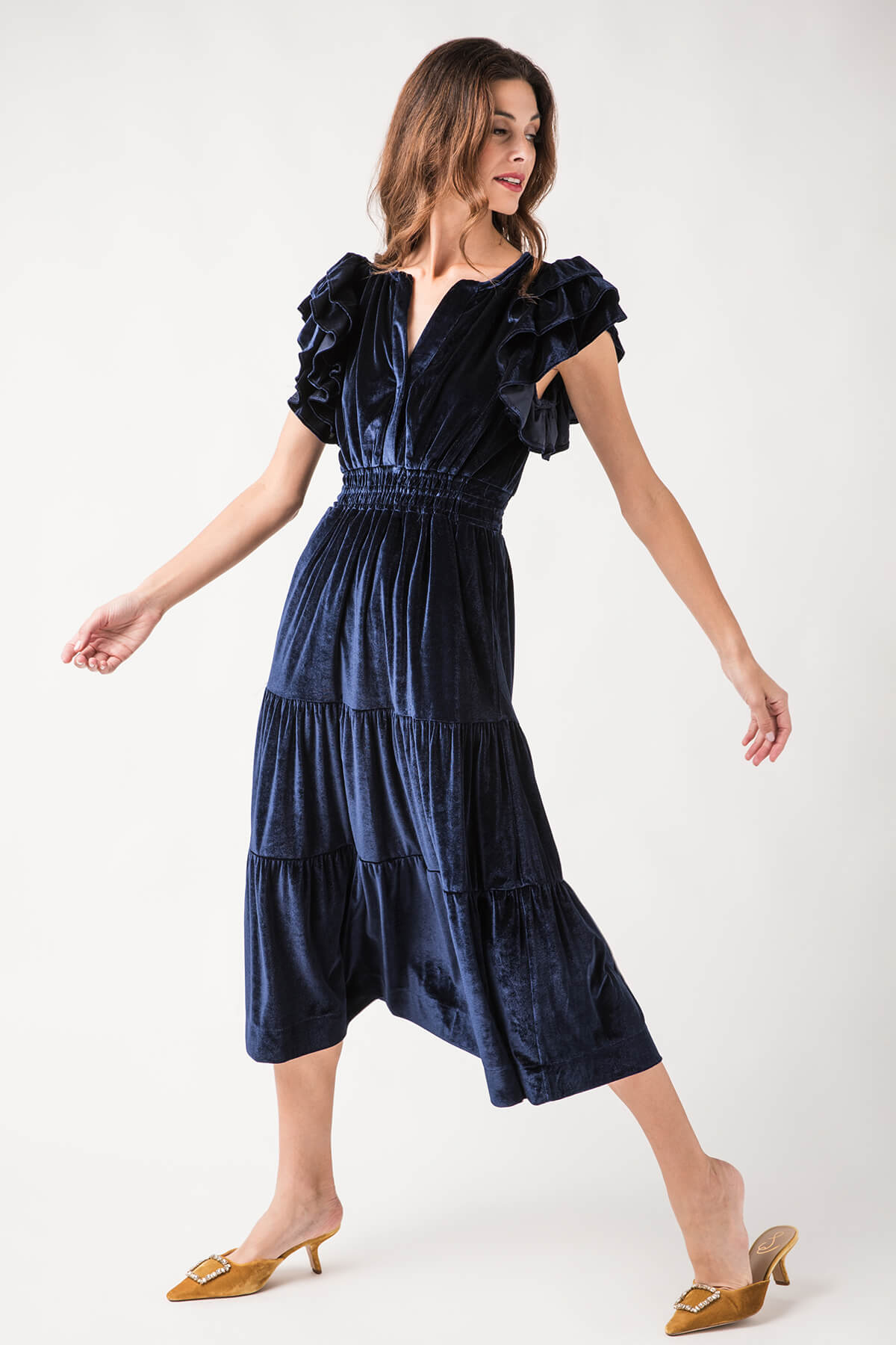 THML Velvet Flutter Sleeve Tiered Maxi Dress