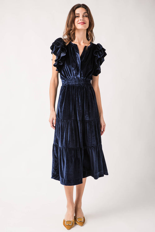 THML Velvet Flutter Sleeve Tiered Maxi Dress