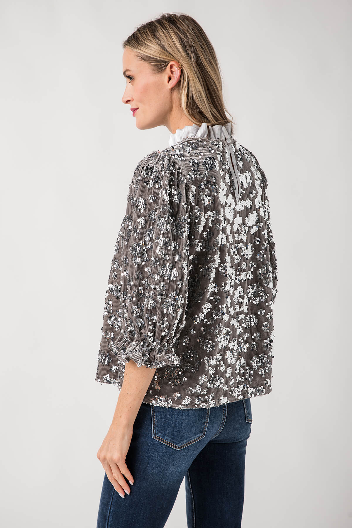 THML Sequin Ruffle Neck Top