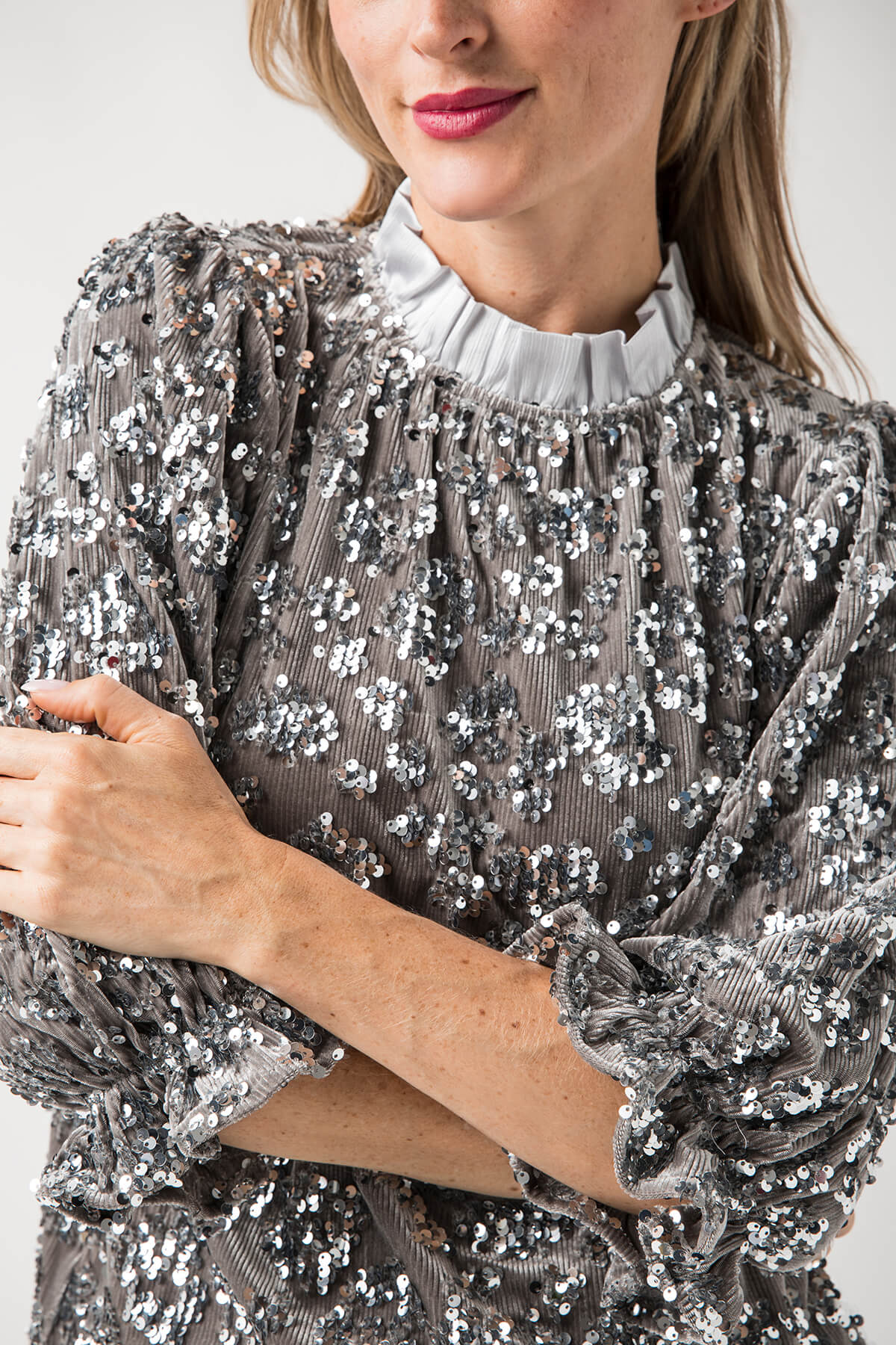 THML Sequin Ruffle Neck Top