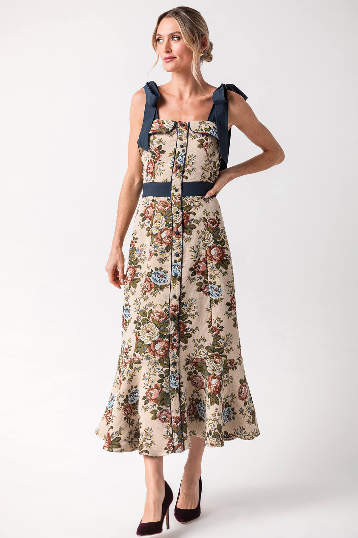 Mable Shoulder Bow Tapestry Fabric Midi Dress