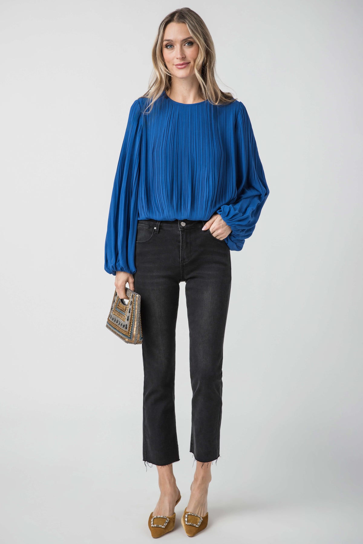 Pinch Pleated Long Sleeve Bubble Top