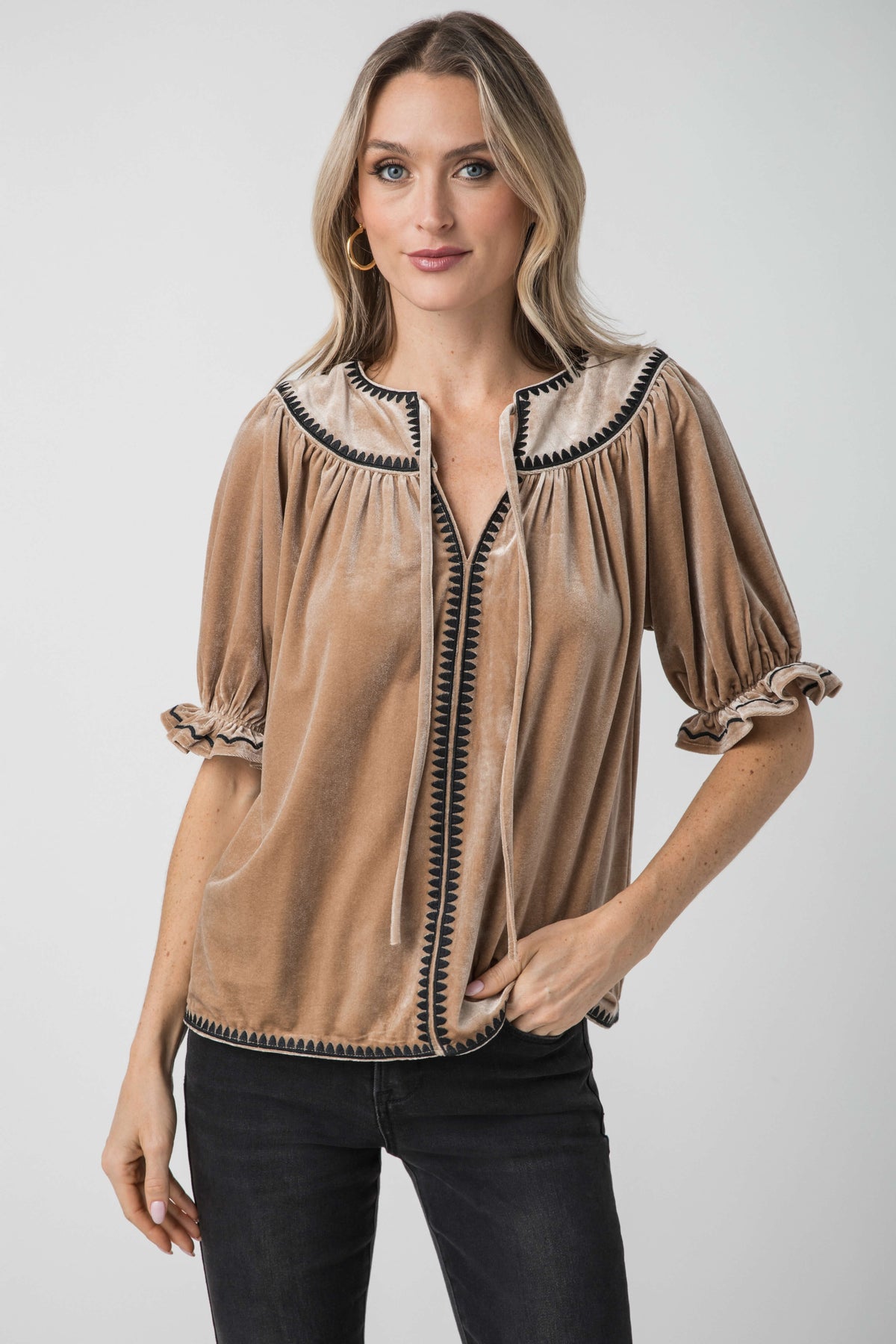 THML Velvet Contrast Trim Top