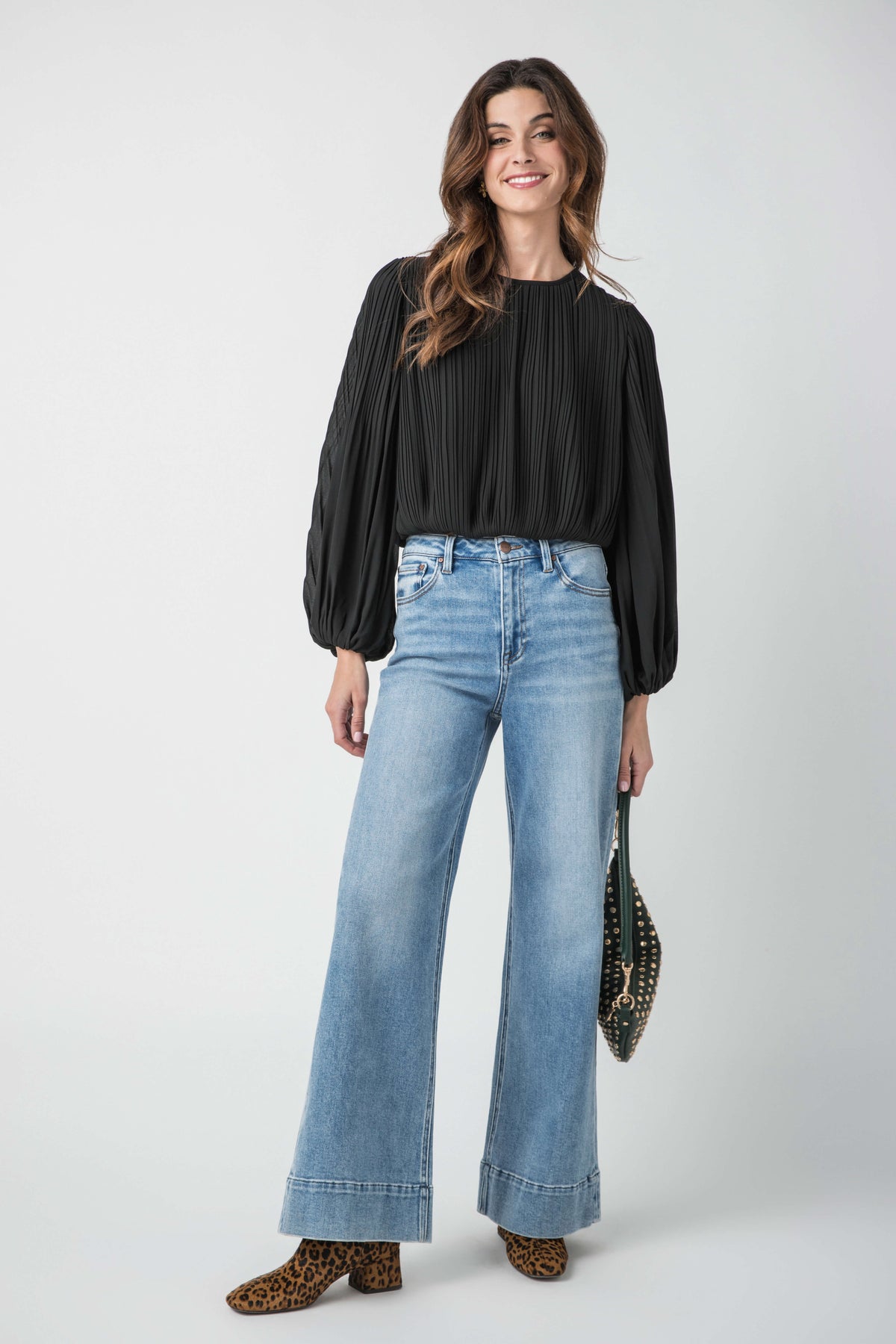 Pinch Pleated Long Sleeve Bubble Top