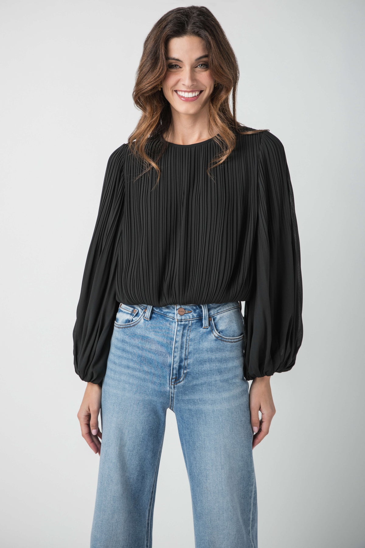 Pinch Pleated Long Sleeve Bubble Top