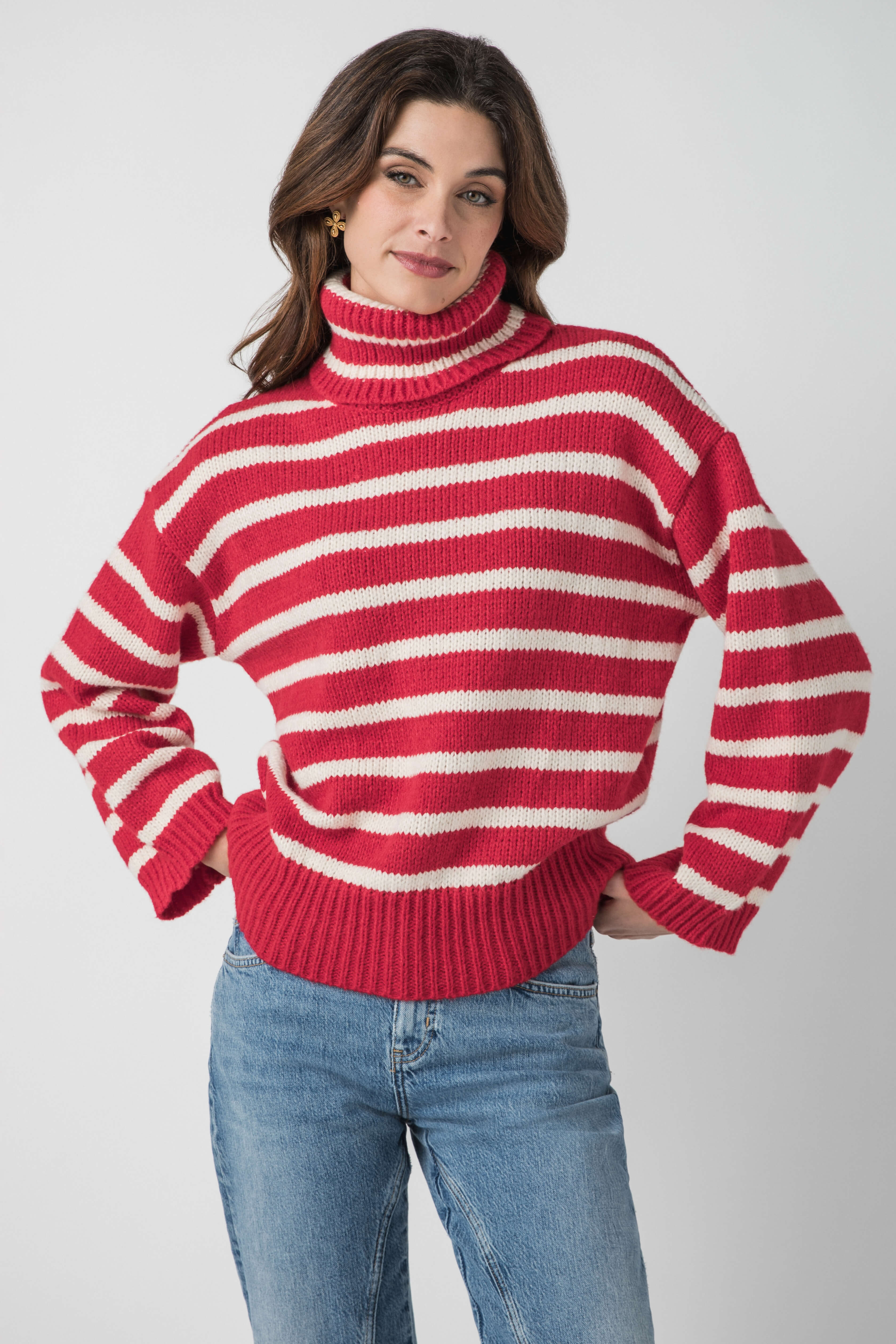 Red striped turtleneck top