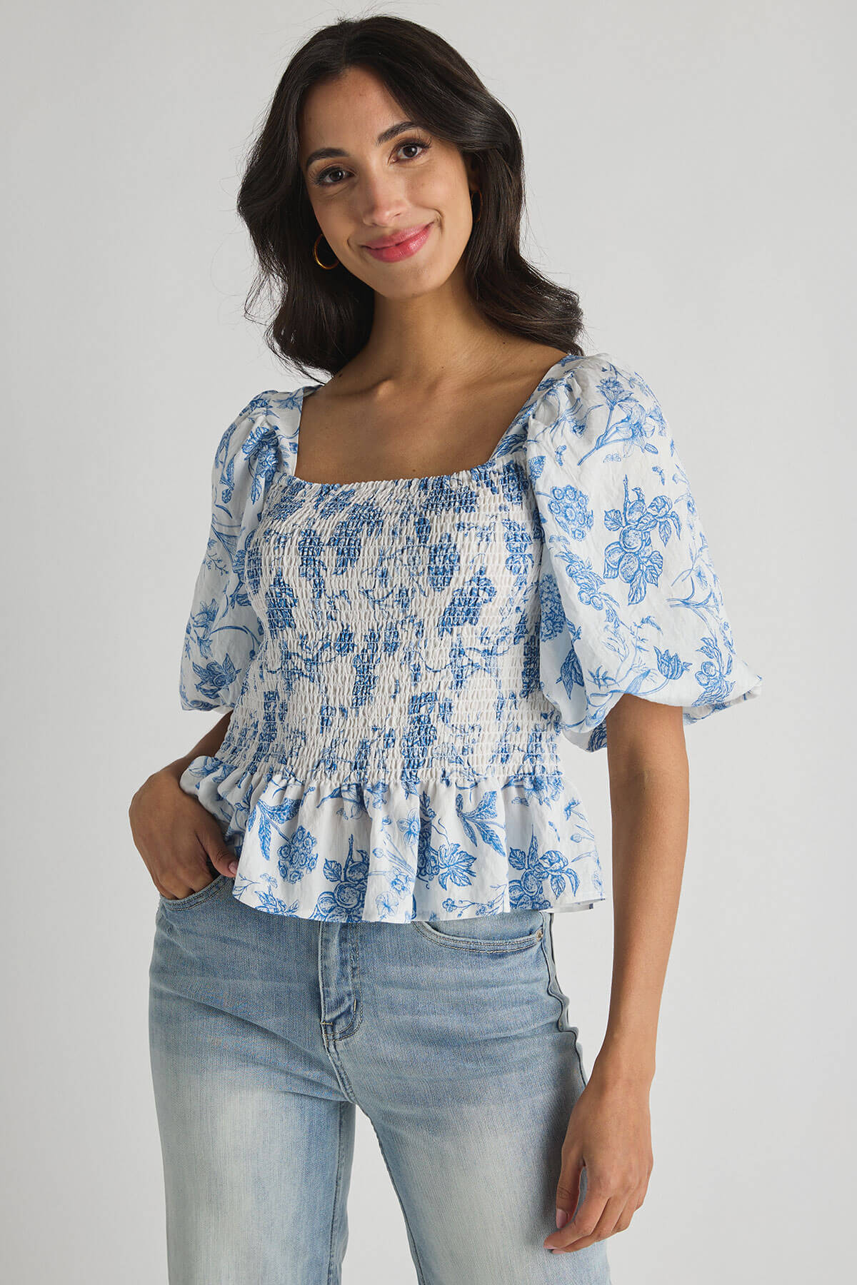 THML Printed Smocked Bodice Puff Sleeve Top