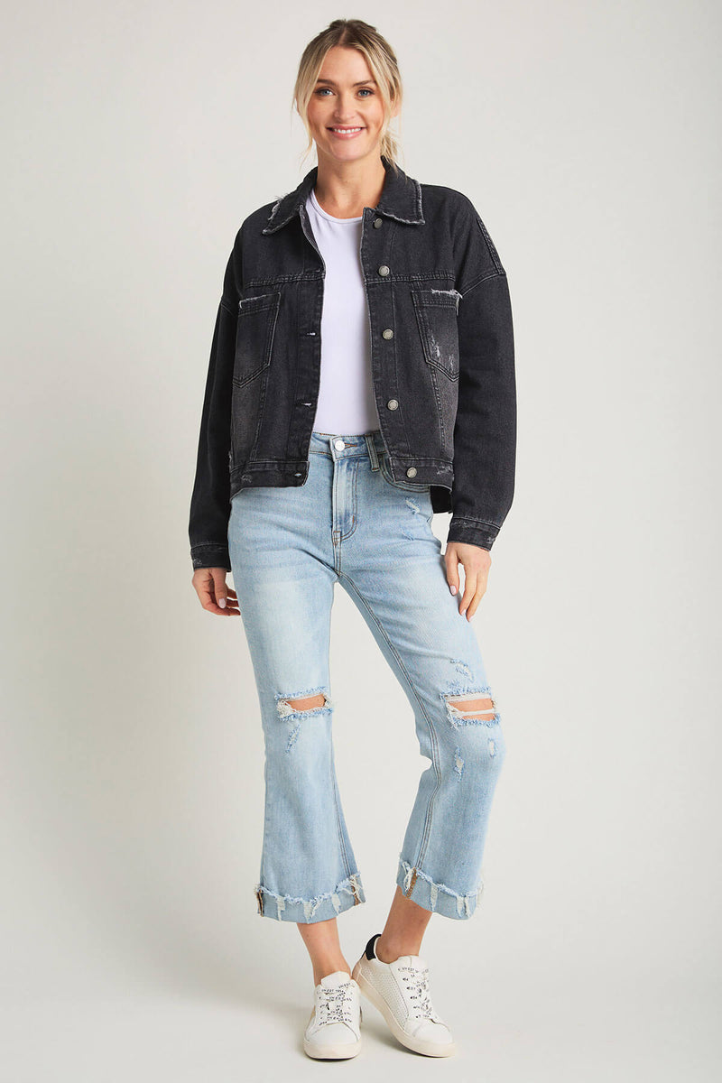 Veveret Oversized Washed Black Denim Jacket – Social Threads